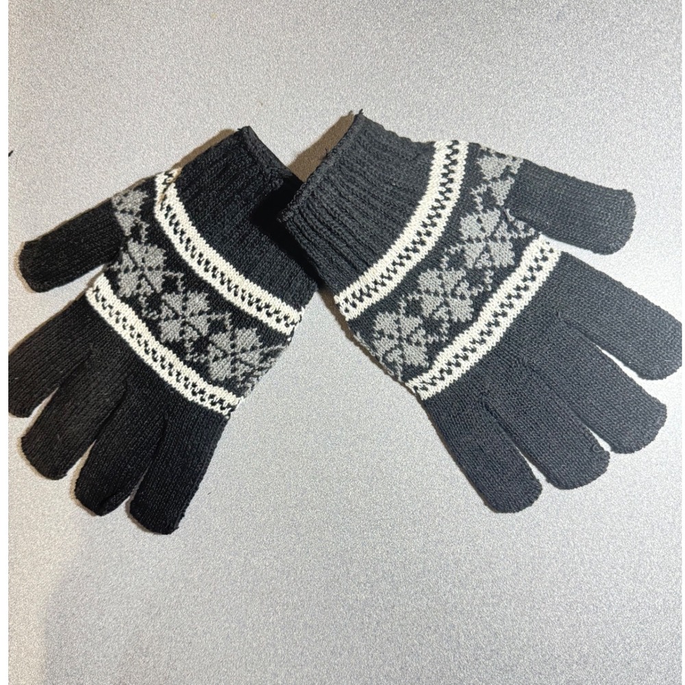 Black Knit Gloves Snowflake Fair Isle Design Winter Warmth unisex
